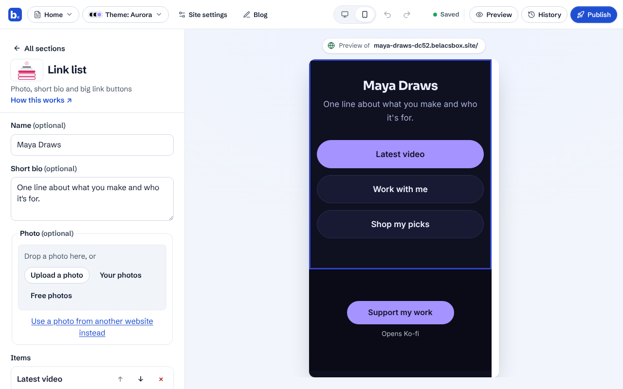 The link-in-bio page at phone width