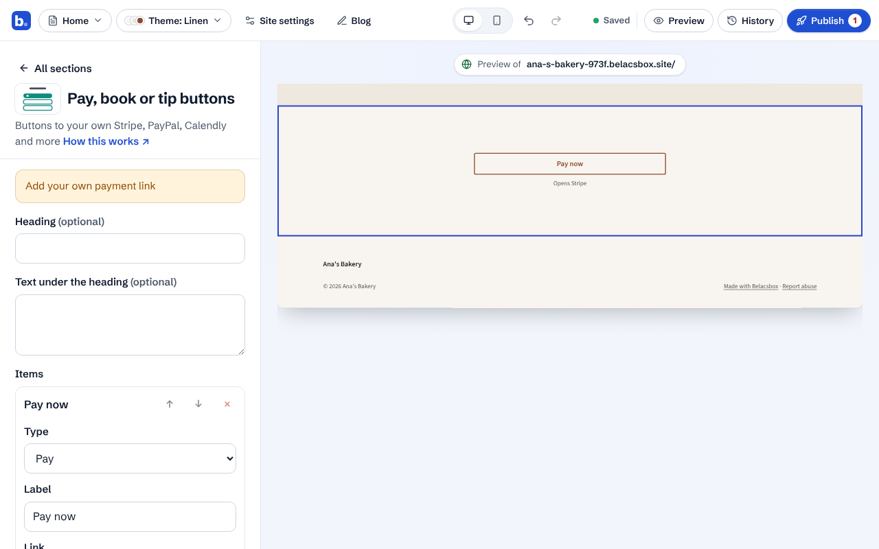The Pay, book or tip buttons section with a Pay button, its label and link