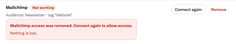 Mailchimp marked Not working, with the reason and how many sign-ups are waiting