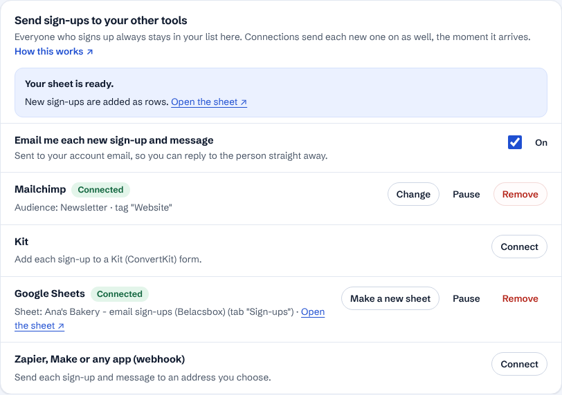 Google Sheets connected, with a link to open the new sheet