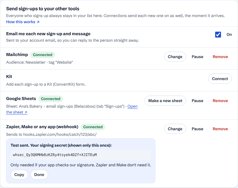 A connected webhook with the signing secret shown once
