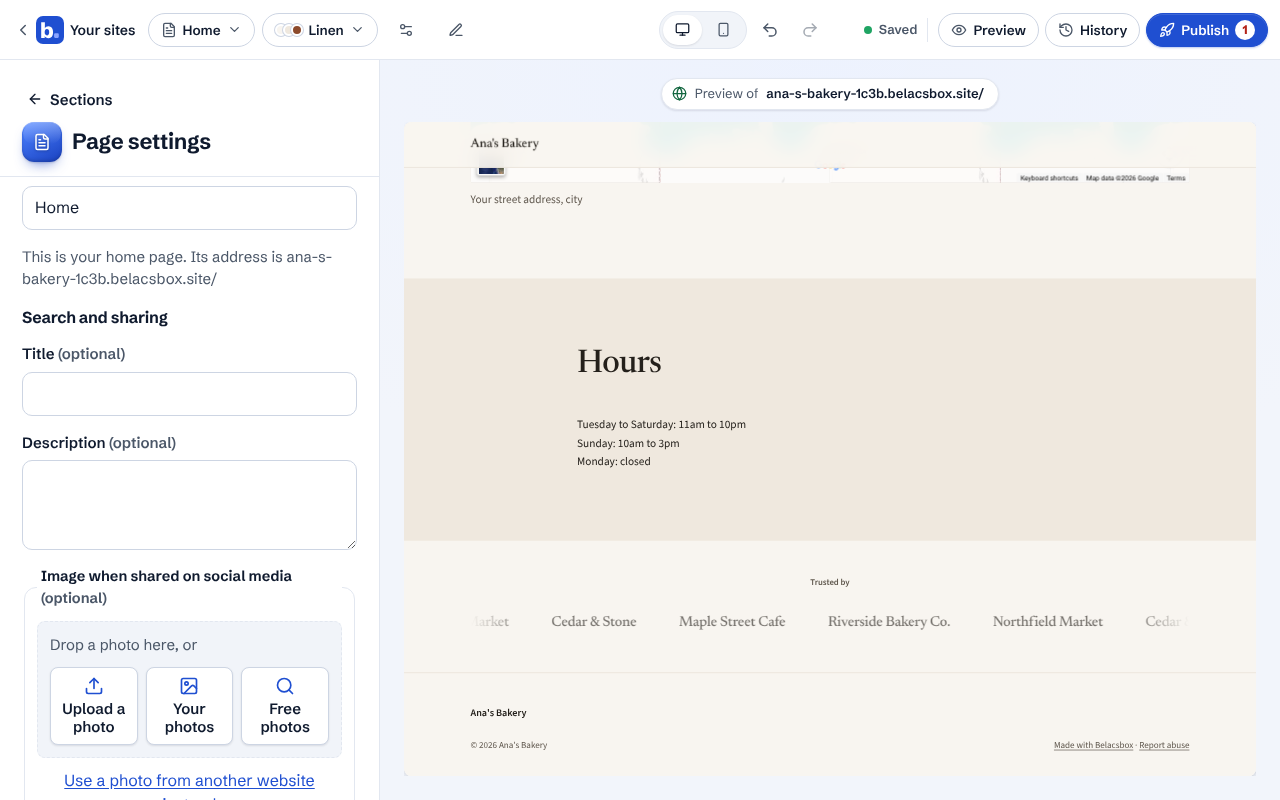 Page settings with the page name, address and search settings
