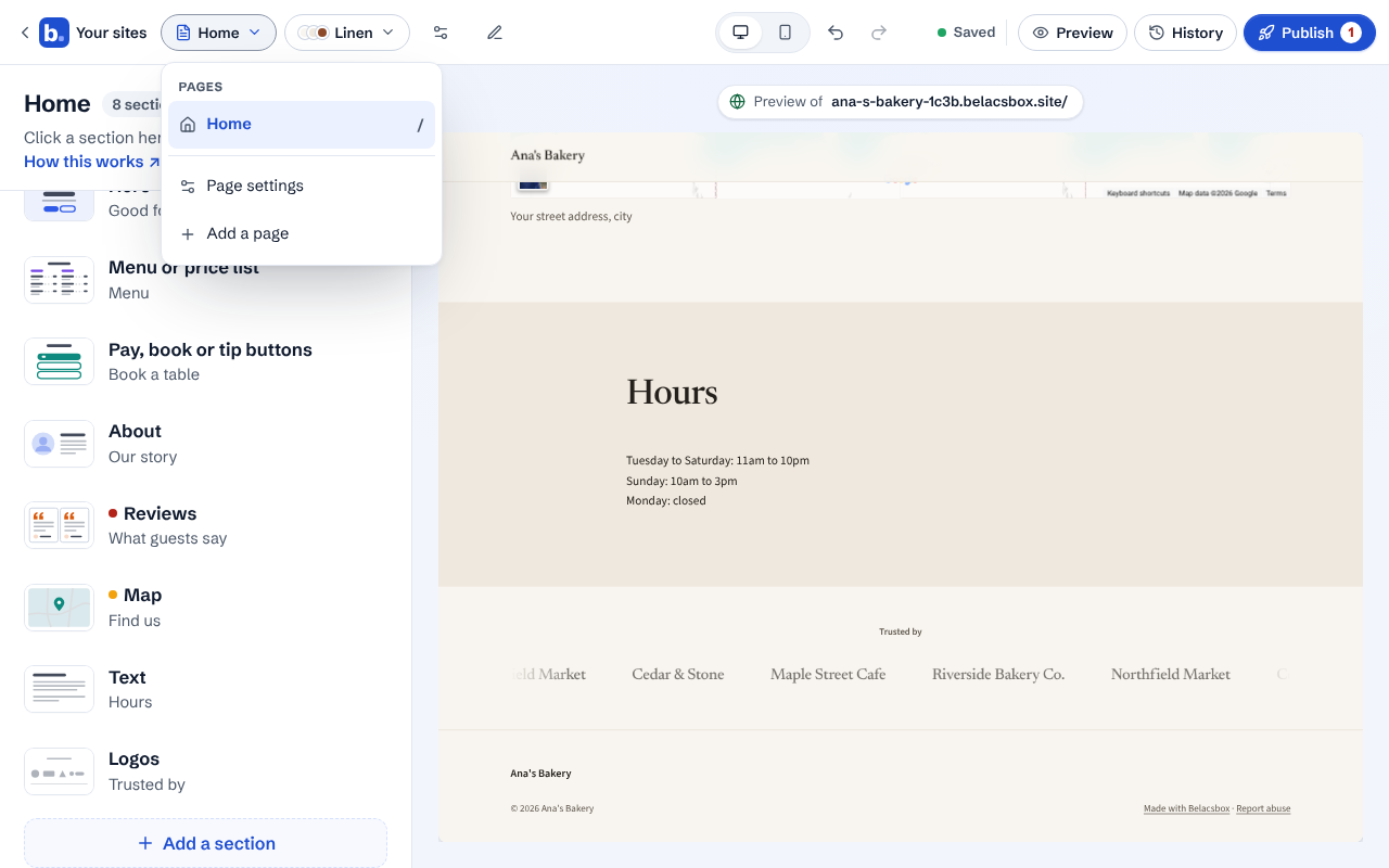 The page menu open, listing the pages, Page settings and Add a page
