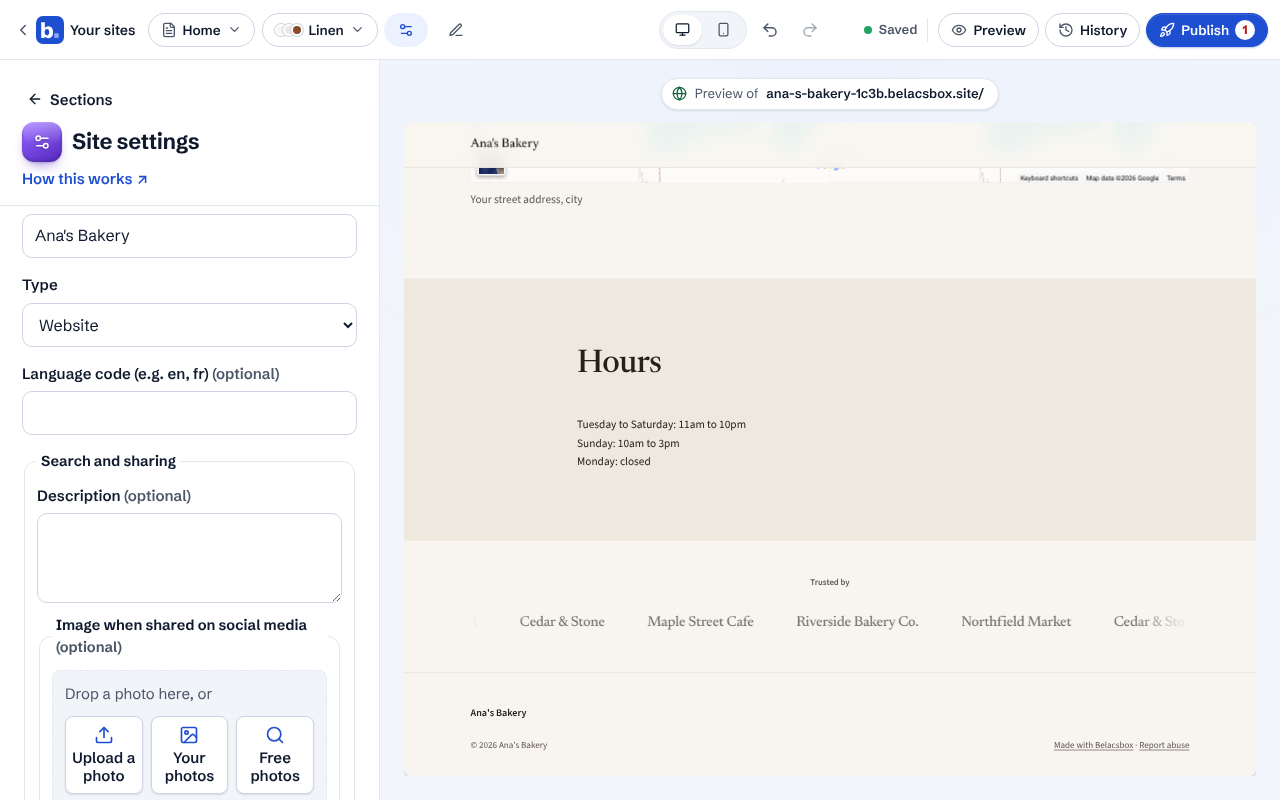 Site settings as a list of sections, each with a short description