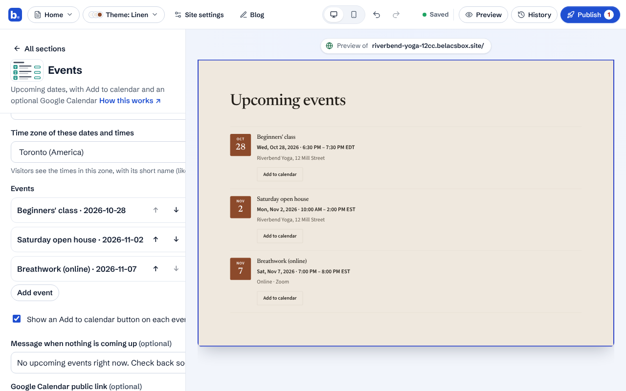 A site page listing three upcoming events with dates, times, places and Add to calendar buttons