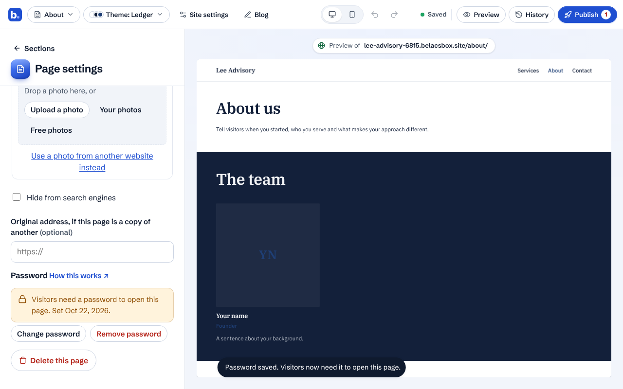 Page settings saying visitors need a password, with Change password and Remove password