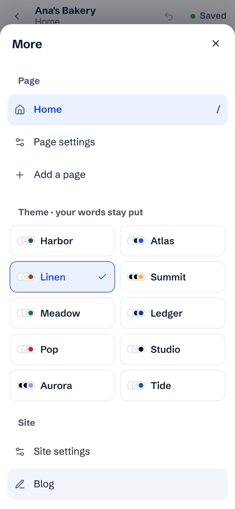The More sheet on a phone with pages, themes and site choices