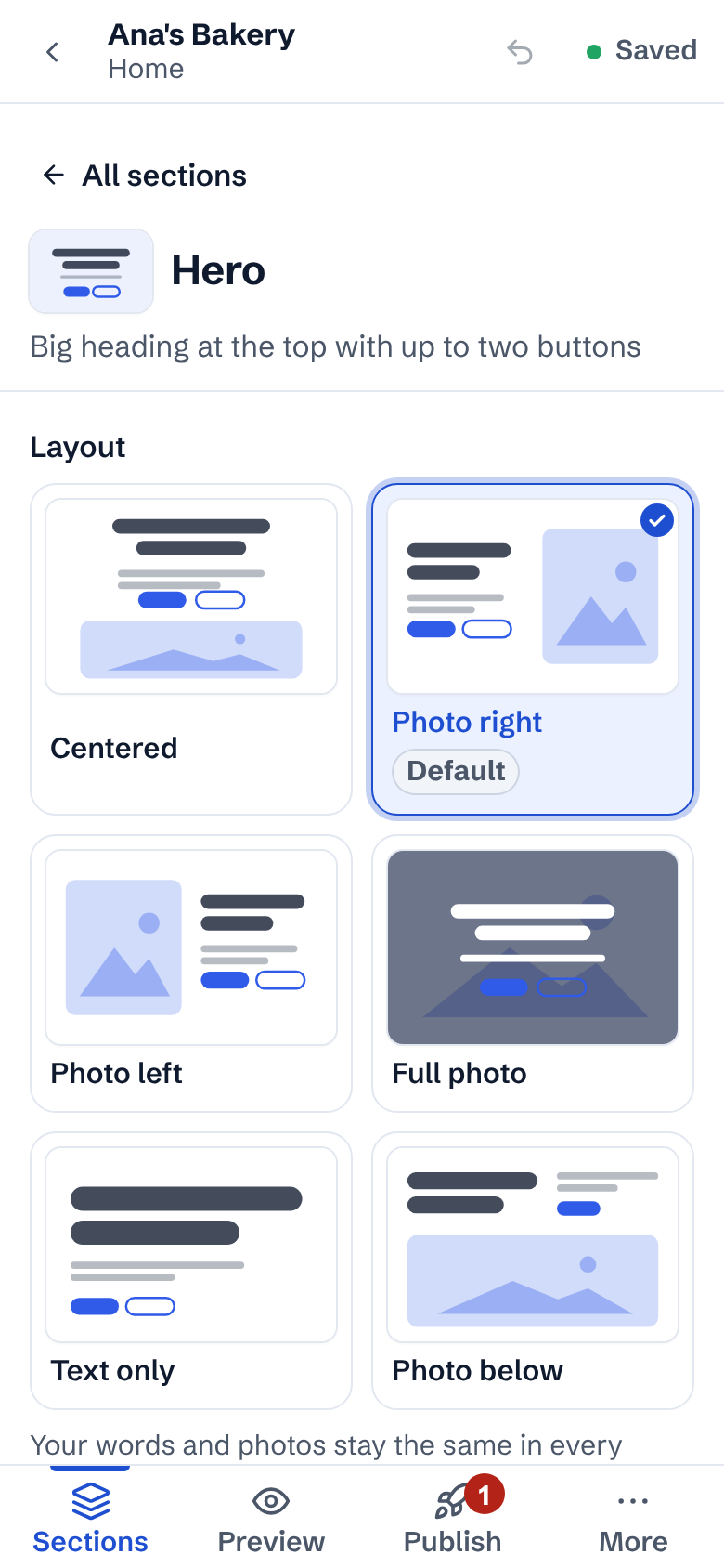 A Hero section open on a phone, with two layout pictures per row