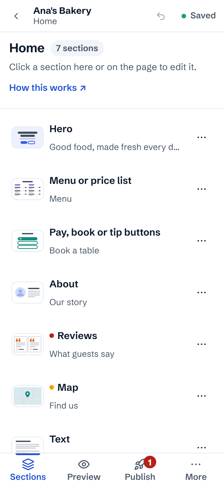 The editor on a phone: the site's name at the top, the list of sections, and the Sections, Preview, Publish and More tabs at the bottom