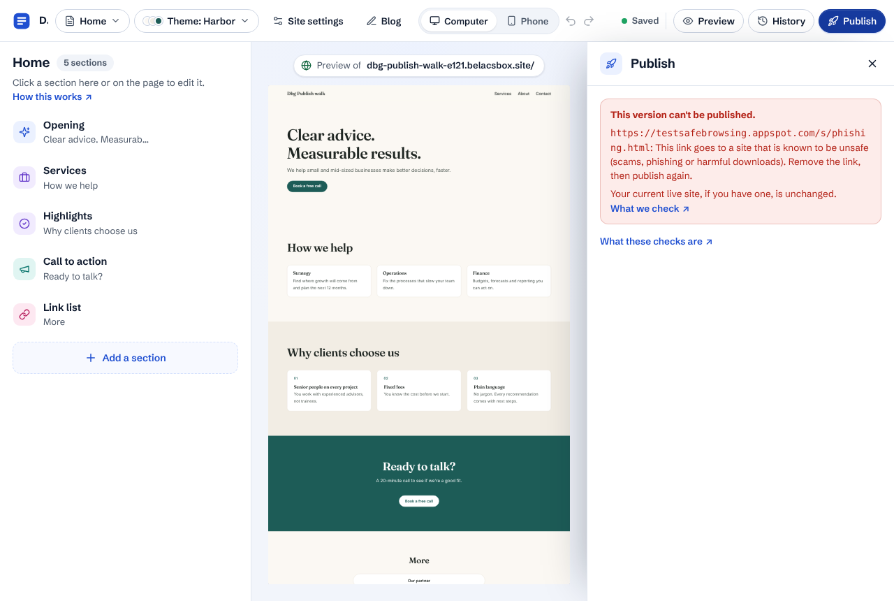 The Publish panel saying this version can't be published because a link goes to an unsafe site