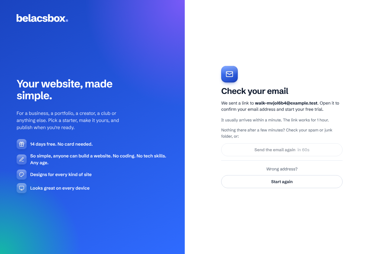 The Check your email page after creating an account, with Send the email again