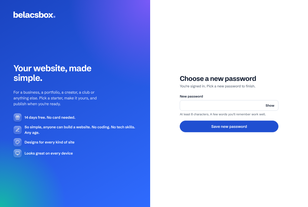 The Choose a new password page