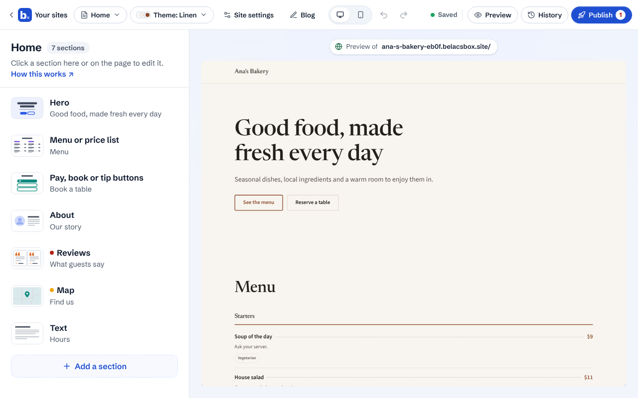 The editor with the list of sections on the left and the site preview on the right