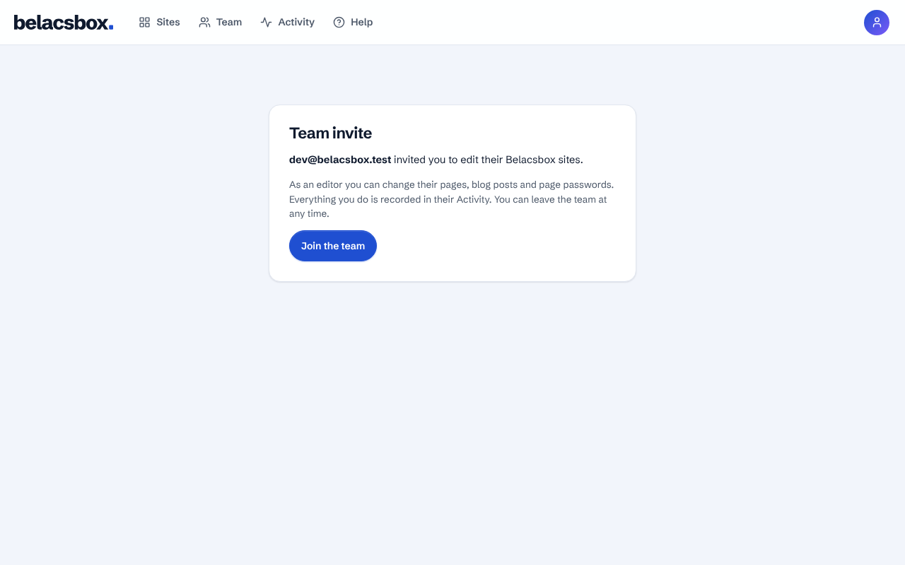 The invite page with a Join the team button