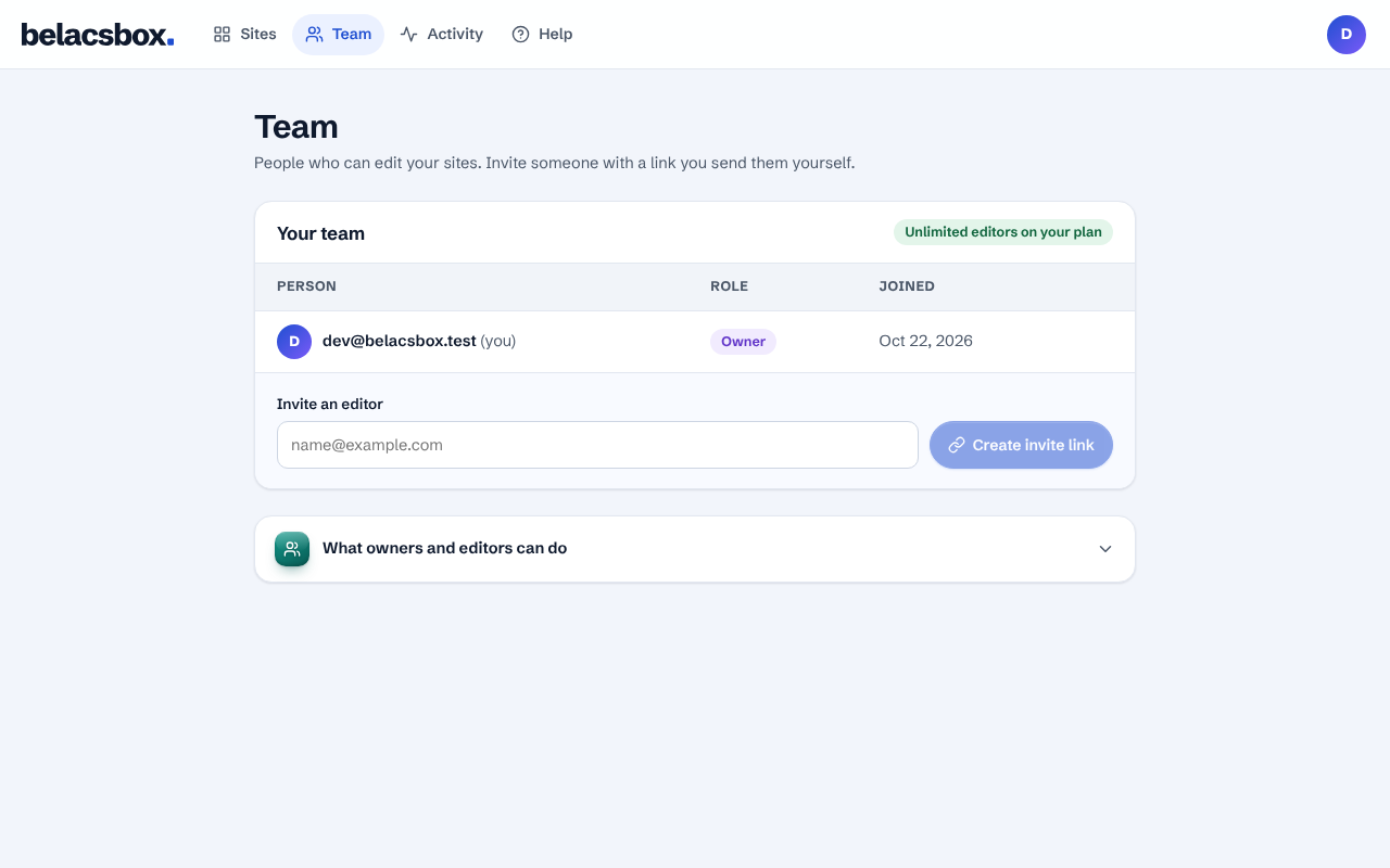 The Team page with members, seats and the invite form